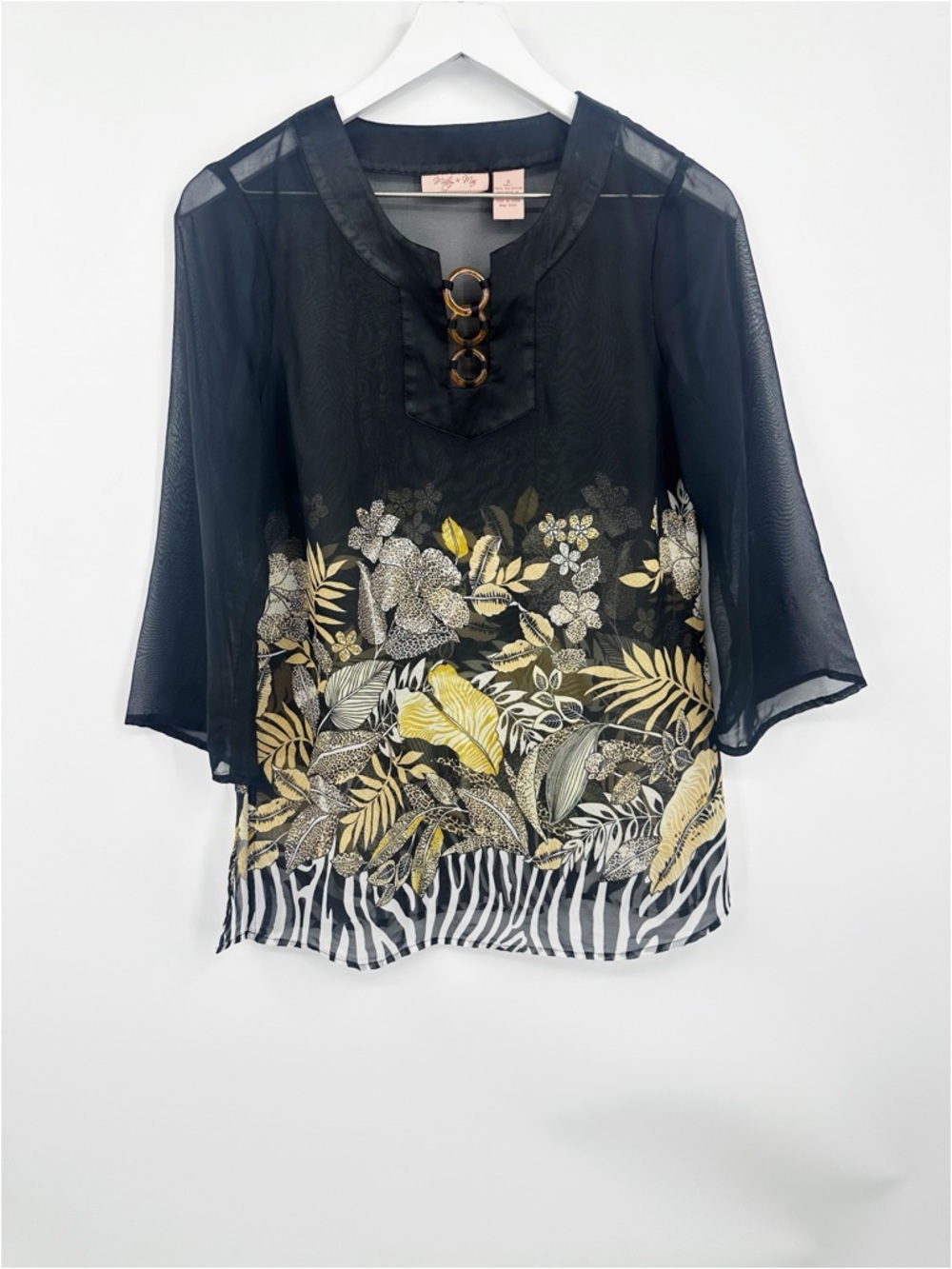 Vintage Y2K Zebra Black Sheer Floral-Print Tunic Top Size Small Festival Fairy